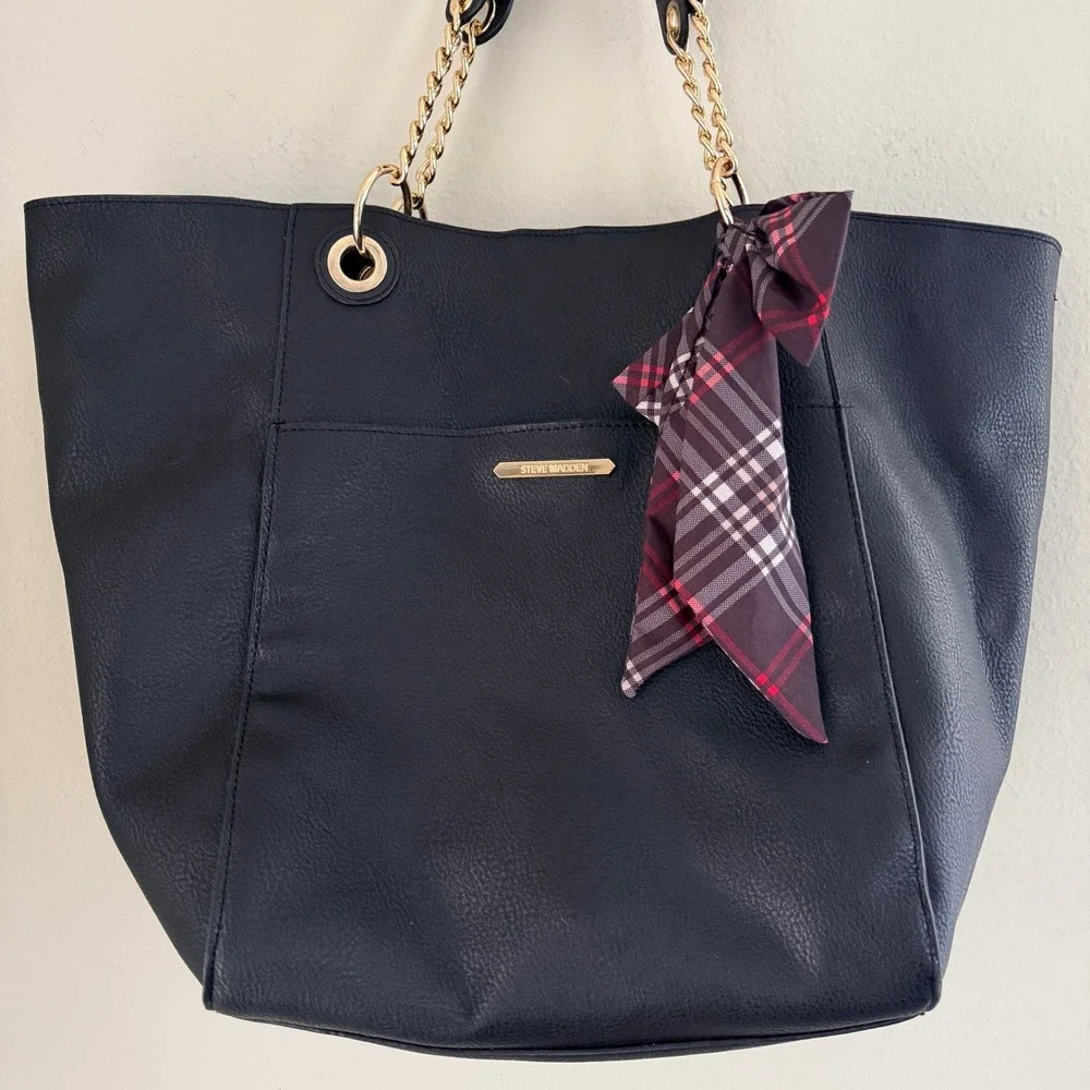 Steve Madden Black Faux Leather Tote Bag Gold Chain Straps Plaid Scarf Vegan